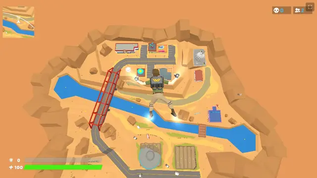 Dropping into the 1v1.LOL battle royale map above the desert town and the river