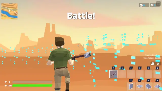 A 1v1.LOL match under way: pickaxe out, materials dropping and the build bar along the bottom of the screen