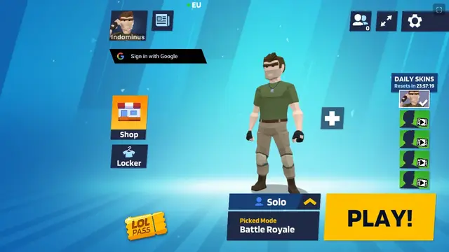 1v1.LOL main menu: the character, the Shop and Locker buttons and the mode picker set to Battle Royale